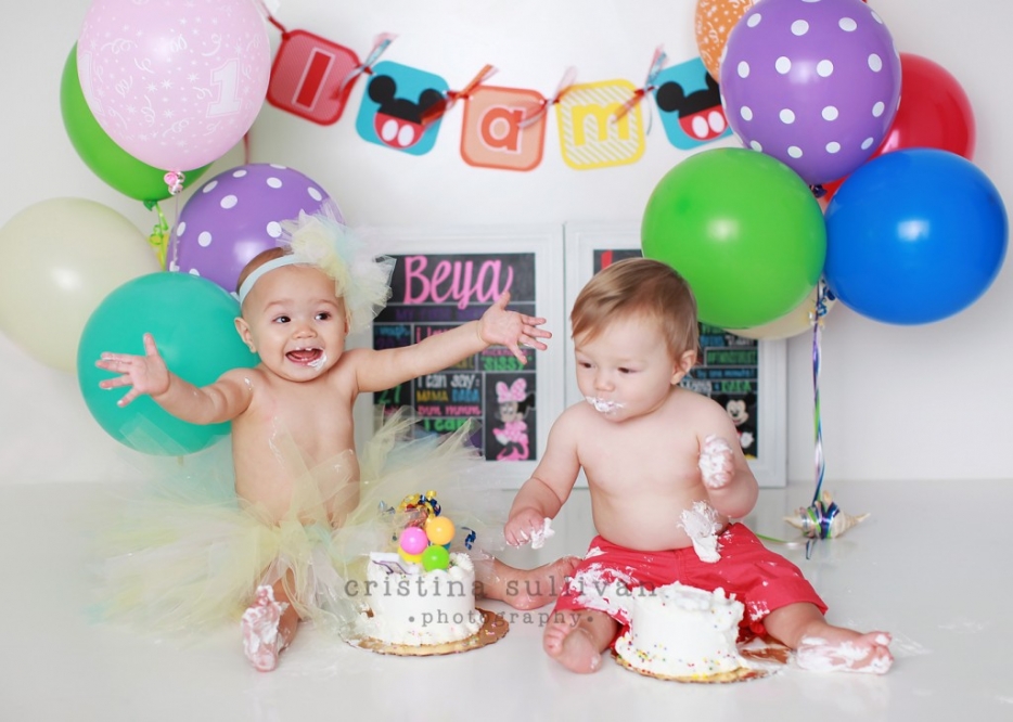 twins one year old cake smash session